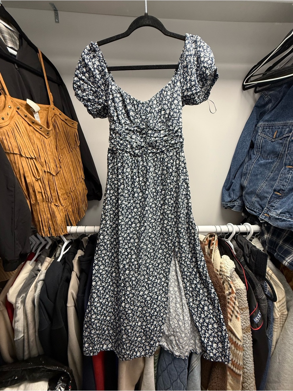 Hollister Navy Floral Puff-Sleeve Midi Dress with Side Slit